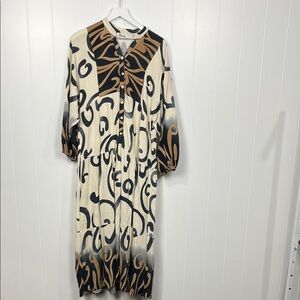 Neva Womens Maxi Dress L-XL Cream Tan Black Button Down Drop Waist Ombré Flowy